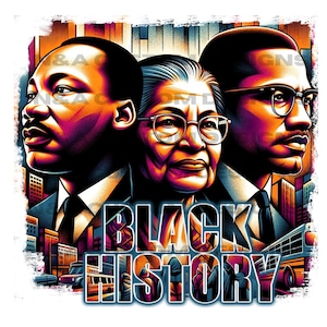 Puede incluir: Una ilustración colorida de tres figuras prominentes en la historia negra: Martin Luther King Jr., Rosa Parks y Malcolm X. La imagen presenta un fondo de ciudad con el texto "BLACK HISTORY" en letras blancas y negritas.