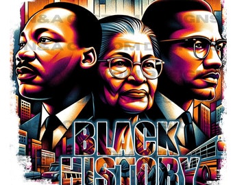 May include: A colorful illustration of three prominent figures in Black history: Martin Luther King Jr., Rosa Parks, and Malcolm X. The image features a cityscape background with the text "BLACK HISTORY" in bold, white letters.
