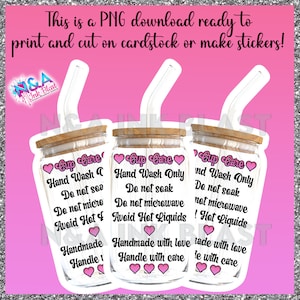 Libbey Glass Can Care Instructions, template for libbey cup wraps, glass can, PNG FILE