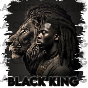 May include: A black and white image of a man with dreadlocks standing next to a lion. The man is wearing a black shirt and a gold chain. The text "BLACK KING" is written below the image.