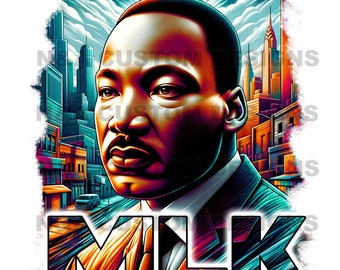 May include: A colorful illustration of Martin Luther King Jr. with the word "MLK" in large, stylized letters. The background features a cityscape with buildings and clouds.