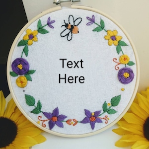 corona de aro floral de bordado, arte de bordado personalizado, arte de texto personalizado, arte de aro floral, arte de aro de cita, arte de pared de aro de bordado