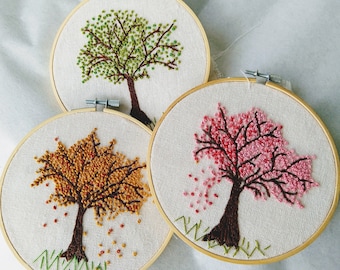 Bordado a mano de un árbol para pared, decoración con bastidor de las cuatro estaciones