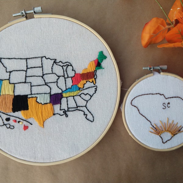 8",hand embroidery USA map hoop art, modern hand embroidery USA map,hand embroidered map,state map,hand stiched United States map, wall art