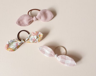 Bow Hair Ties: Set of 3 Bows / Liberty Floral / Pink Gingham Check / Girls Hair Bands / Pink Boho Girl's Baby Headband / Handmade Australia