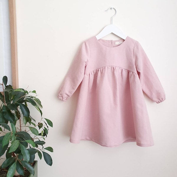 Size 1 and 2 Pink Linen Dress: Long Sleeve Dress / Baby Toddler Girl / Blush Dusty Plain Pink / Autumn Winter Outfit / Boho Girls Linen