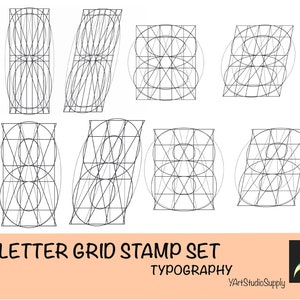 May include: A set of eight letter grid stamps for typography. The stamps are made up of circles, squares, and triangles.