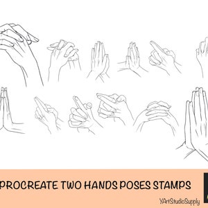 May include: A digital art product featuring 12 line art hand poses. The hands are depicted in various positions, including clasped, open, and gesturing. The text "12 PROCREATE TWO HANDS POSES STAMPS" is displayed at the bottom, along with the YArtStudioSupply logo.