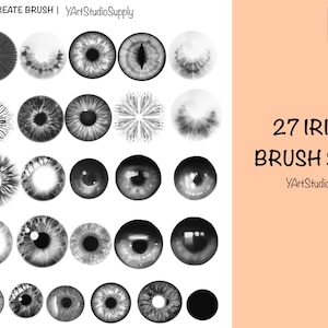 May include: A set of 27 Procreate brushes for creating realistic irises. The brushes are designed to create a variety of different iris textures and colors. The set includes brushes for creating realistic irises, as well as brushes for creating more stylized irises. The brushes are perfect for creating realistic eyes for your digital art.