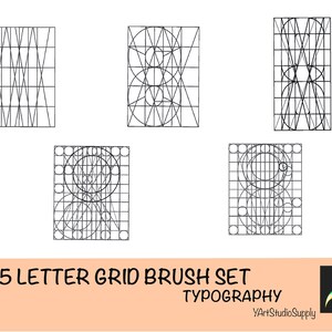May include: Five black and white grid brush sets for typography. Each grid is a different pattern of lines and circles.