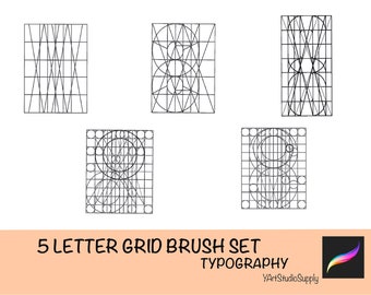 May include: A set of five black and white grid-based typography designs. Each design features geometric shapes and lines within a rectangular grid. The text "5 LETTER GRID BRUSH SET TYPOGRAPHY" is displayed below the designs.