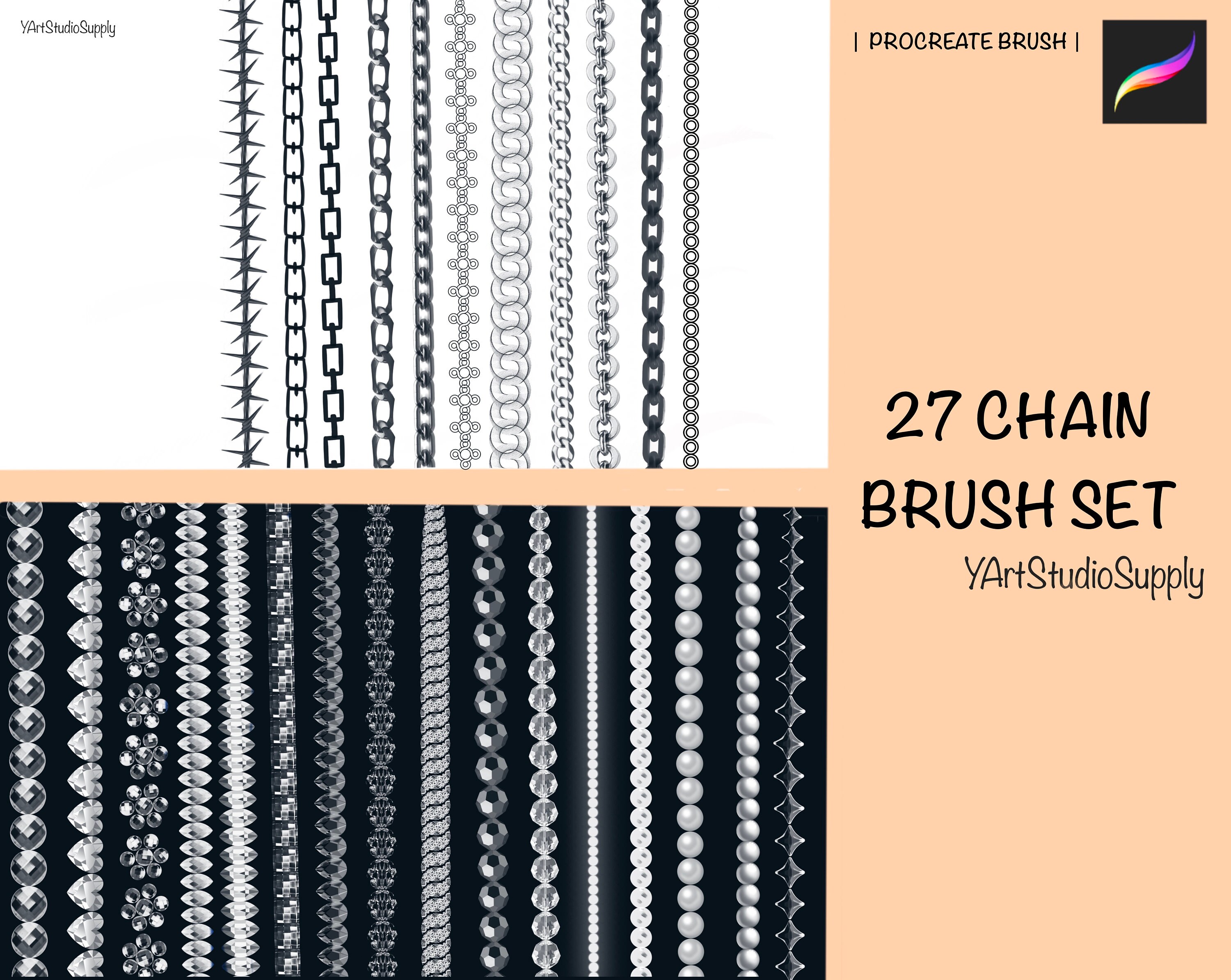 27 Chain Procreate Brush Set, Gemstone Chain and Metal Chains (Download