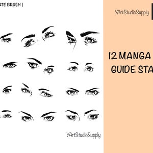 May include: A set of 12 manga eye guide stamps for Procreate. The stamps feature different eye shapes and expressions, perfect for creating unique characters.