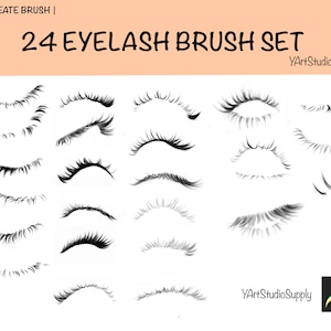 May include: A digital art set featuring 24 eyelash brushes. The brushes are in various styles, with black and gray shading. The text "24 Eyelash Brush Set" is displayed in the center, with "Procreate Brush" at the top.