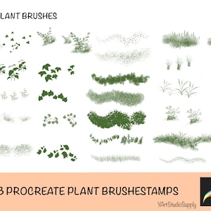 May include: Digital art brushes featuring 23 plant designs. The image displays various green plant illustrations, including grass, leaves, and bushes. Text at the top reads "23 PLANT BRUSHES" and at the bottom "23 PROCREATE PLANT BRUSHSTAMPS".