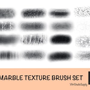 May include: A set of 16 marble texture brushes in shades of gray and white, perfect for digital art. The image includes various textures like cracked, speckled, and streaked effects. The text at the bottom reads "16 Marble Texture Brush Set".