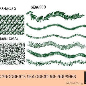 May include: Digital art brushes for Procreate featuring barnacles, seaweed, and brain coral patterns in shades of green and white. The image includes the text "8 Procreate Sea Creature Brushes" and the YArtStudioSupply logo.