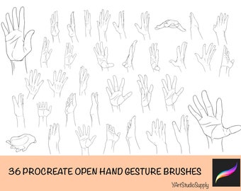 Puede incluir: Dibujos lineales de 36 gestos de manos abiertas en varias posiciones. Las manos están dibujadas con líneas negras sobre un fondo blanco. El texto "36 PROCREATE OPEN HAND GESTURE BRUSHES" está en la parte inferior. Un logotipo está en la esquina inferior derecha.