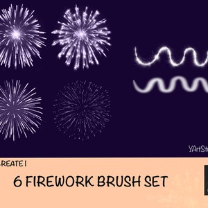 May include: Set of six Procreate brushes for creating firework effects. The brushes create white firework bursts and sparkling trails on a dark blue background. The text "6 FIREWORK BRUSH SET" is displayed below the brushes.