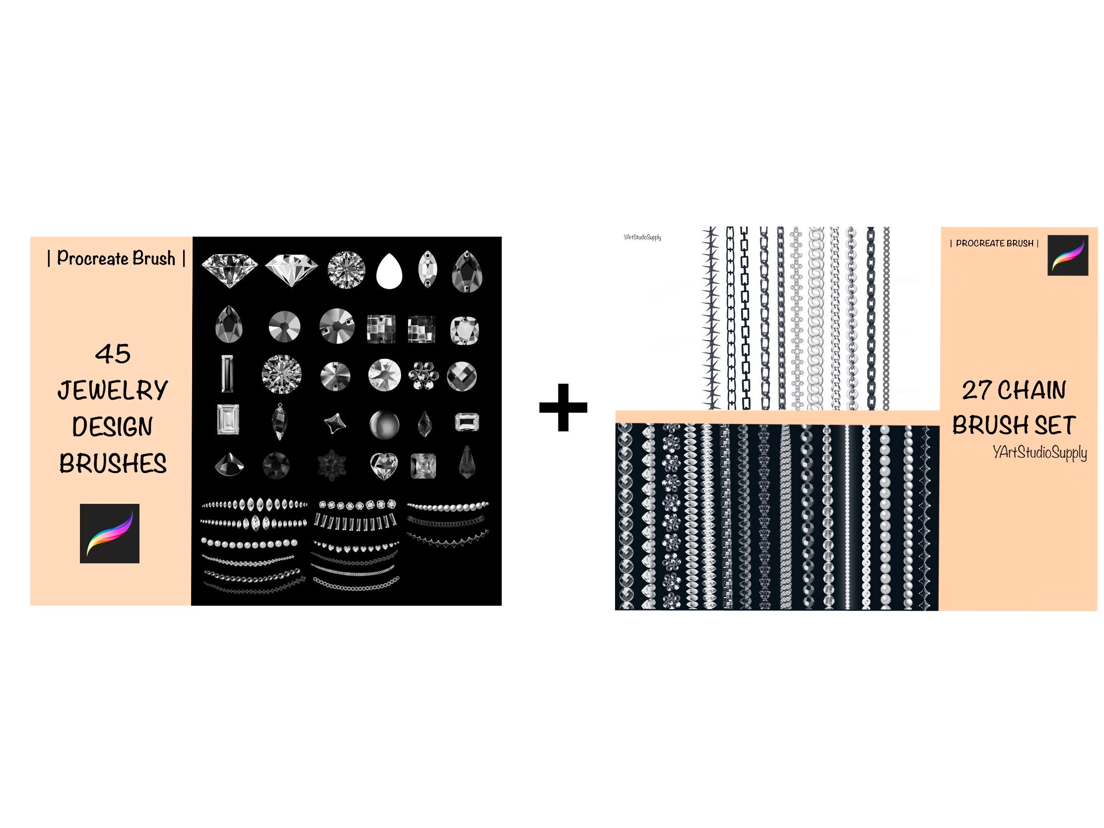 Pack de 72 pinceles Procreate para joyería: cadenas, gemas y eslabones metálicos