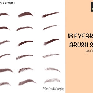 May include: A set of 18 Procreate eyebrow brushes for digital art. The brushes are shown creating different eyebrow shapes. The text "18 Eyebrow Brush Set" and "YArtStudioSupply" is visible in the image.