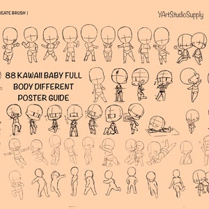 May include: A digital drawing guide with 88 different poses of a kawaii baby in various positions. The guide is titled "88 Kawaii Baby Full Body Different Poster Guide".