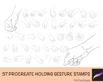 Puede incluir: 37 dibujos en blanco y negro de manos en varios gestos de agarre. Los dibujos son para usar como sellos de Procreate. El texto "37 Procreate Holding Gesture Stamps" está en la parte inferior de la imagen.