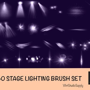 May include: A set of 50 stage lighting brushes for digital art. The brushes are white and create a variety of light effects, including spotlights, flares, and streaks. The brushes are designed for use in Procreate.
