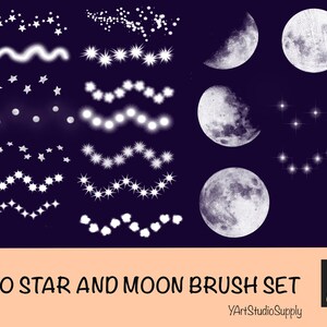 May include: A set of 20 digital brushes for creating stars and moons. The brushes are white and are shown on a dark blue background. The set includes different sizes and shapes of stars, as well as crescent moons and full moons.