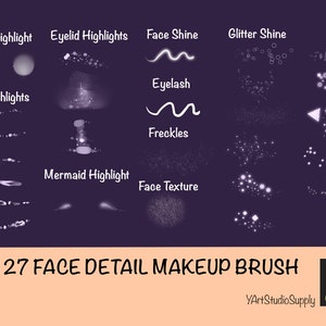 May include: A digital art graphic on a dark purple background, showcasing 27 face detail makeup brushes. The image includes illustrations of nose, eyelid, lip, and mermaid highlights, along with face shine, eyelashes, freckles, face texture, and glitter shine. Text reads "27 FACE DETAIL MAKEUP BRUSH".