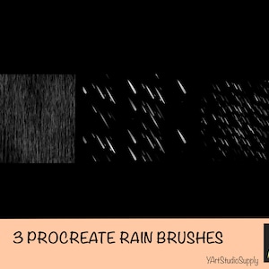 May include: Three Procreate rain brushes for digital art. The brushes are shown as black and white images on a black background. The text "3 Procreate Rain Brushes" is displayed at the bottom of the image.