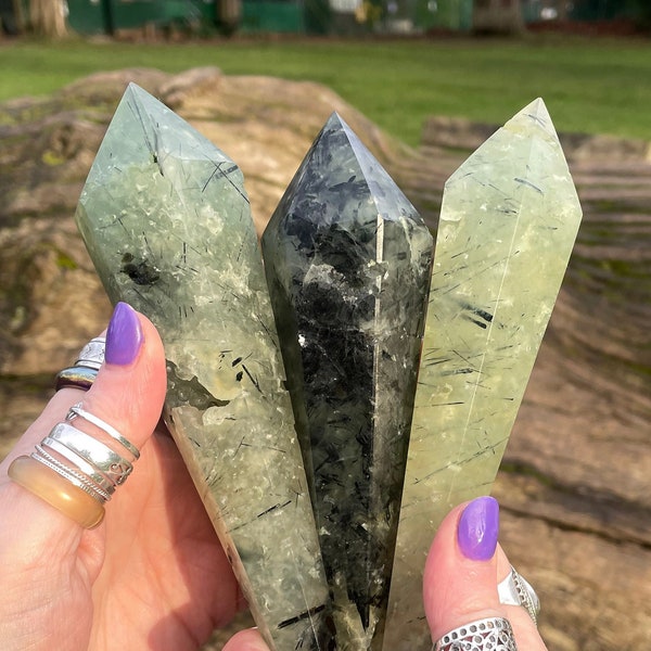 Prehnite with epidote wand, natural green crystal point, prehnite tower, healing crystals, altar tools, crystals for witchcraft, hippies,