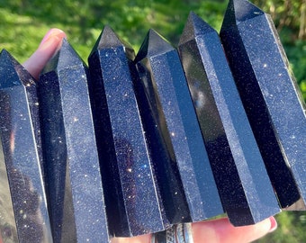 Blue goldstone crystal tower, night sky crystal, glittery navy blue gemstone point, healing crystals, sparkly decor, celestial galaxy