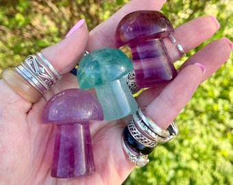 Candy rainbow fluorite mushrooms, hippie crystals, toadstool shaped crystals, natural purple green gemstone, celestial cosmic galaxy crystal