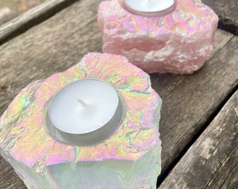 Aura quartz tealight candle holder, rose quartz crystal candle holder, rough unpolished crystal, Christmas gift for her, Hippie Crystal Hut