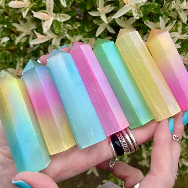 Rainbow selenite crystal tower, satin spar point, crystal for cleansing, healing crystals, psychedelic decor, multicoloured gemstones,