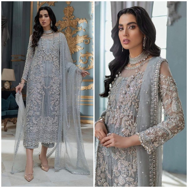 Ultimi abiti da sposa pakistani Abiti da ricamo Abiti indiani Collezione Abito stile Eid Abito blu ghiaccio Salwar Kameez non cucito Materiale