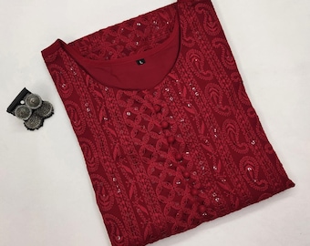 Hermosa Georgette Lucknowi Chikankari hecho a mano Fancy Allover trabajo Estilo recto Kurta/Kurti para mujeres, Chikankari Kurta/Kurti