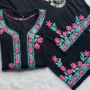 Bellissimo Kurta/Kurti dritto con motivo multicolore a gallina per donna Chikankari Kurta, set da 2 pezzi con pantaloni/palazzo