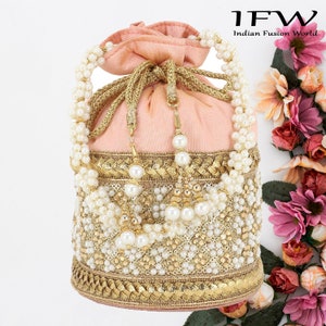 Handmade Traditional Designer Potli Bag Wedding Bag with Golden Embroidery and Pearl Handle Tassel Women Handbag Purse Indian gift for her