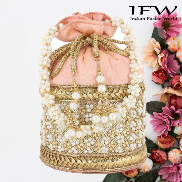 Sac de mariage traditionnel fait main de créateur avec broderie dorée et anse en nacre, gland pour femme, sac à main pour femme, cadeau indien pour elle