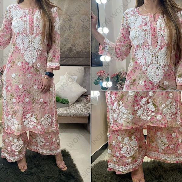 Handmade Chikankari Kurti and Palazzo Set Muslin Soft Cotton 2 Piece set for Women Indian Wear Sale