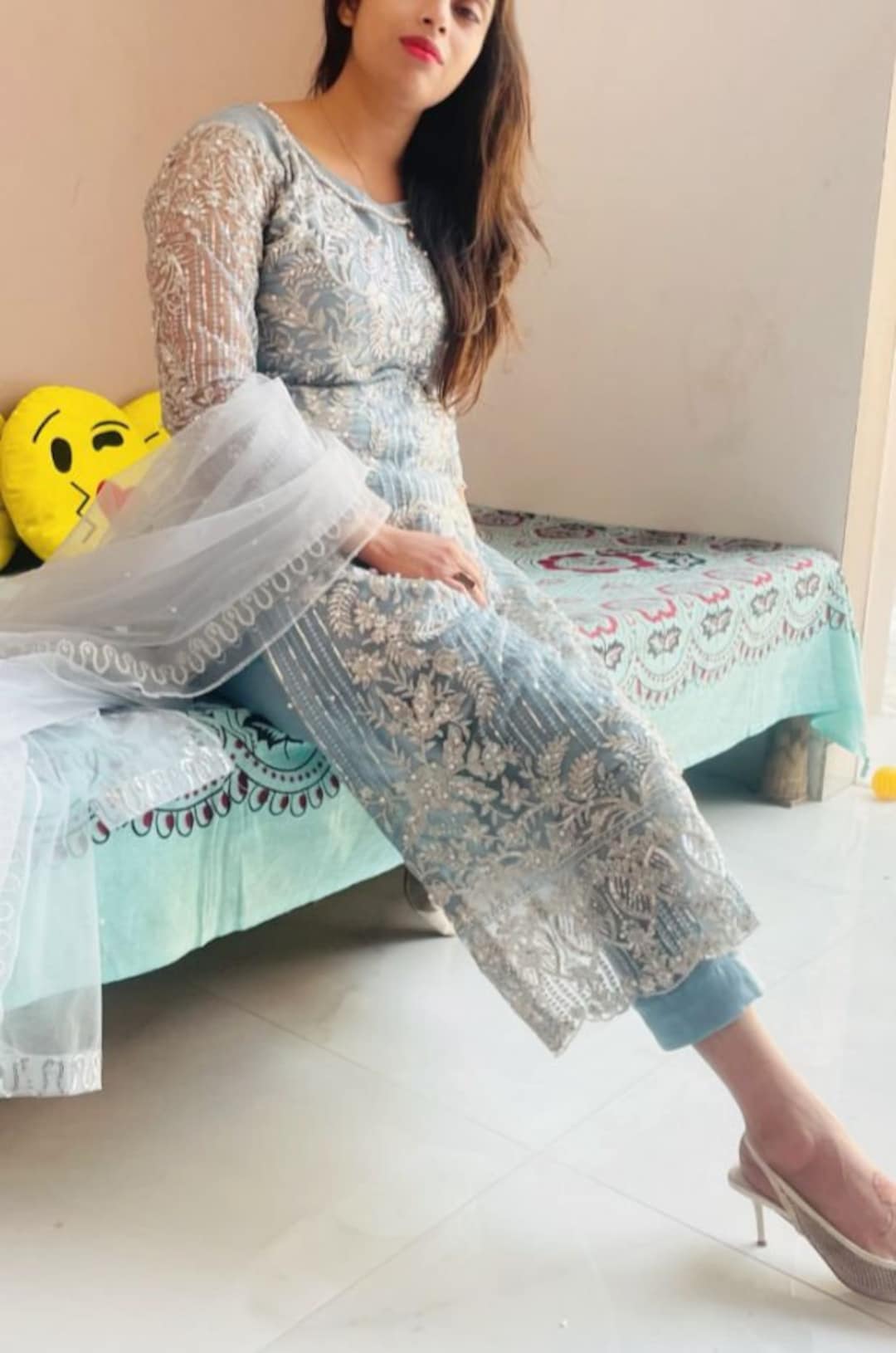 Latest Pakistani Wedding Dresses Embroidery Clothes Indian Dress Collection  Eid Style Suit Un-stitched Ice Blue Salwar Kameez Dress Material