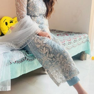 Latest Pakistani Wedding Dresses Embroidery Clothes Indian dress Collection Eid Style Suit Un-stitched Ice Blue Salwar Kameez Dress Material