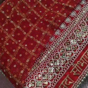 Sada Soubhagyavati Bhavah Red Bridal Dupatta with heavy lace around, Traditional Bridal Chunri, Beautiful net dupatta With Golden Lase