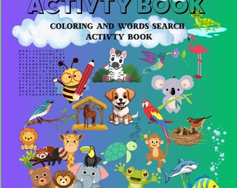 May include: A colorful children's activity book titled "ANIMAL ACTIVITY BOOK" with illustrations of various animals, including a zebra, dog, parrot, and koala. The book also features a word search and coloring pages.