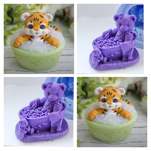 Cute baby tiger teddy bear in bath tub mold mould silicone soap candle  resin melt and pour clay magnets concrete