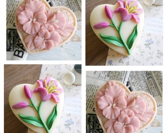 handmade HEART SHAPE lily flower soap making candle silicone designer mold mould floral  design melt and pour flower clay resin craft