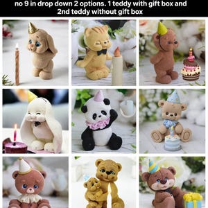 Könnte beinhalten: Ein Set aus neun Silikonformen zum Herstellen von Geburtstagstorten-Dekorationen. Die Formen beinhalten eine Vielzahl von Tieren, darunter einen Panda, ein Kaninchen, einen Tiger und einen Teddybär. Die Formen beinhalten auch Kerzen und eine Torte.