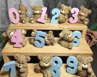 Handmade Small 3d cute number bears birthday cake toppers chocolate candles teddy bear candle design soap candle silicone mold mould